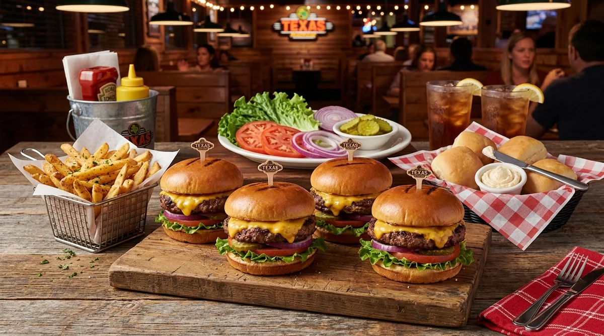 Texas Roadhouse All-American Cheeseburgers Family Pack (4 Burgers & Fries) – family takeout meal spread