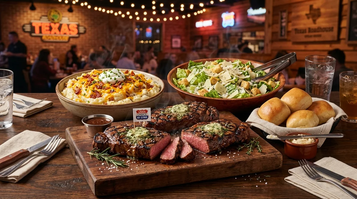 Texas Roadhouse USDA Choice New York Strip Family Pack (4 x 8 oz Steaks) – family takeout meal spread